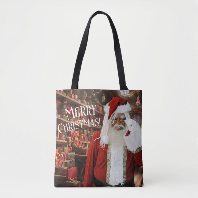 Tote Bag Père Noël heureux dans son atelier (Devant)