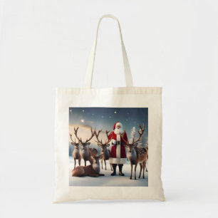 Tote Bag Père Noël Posant Avec Ses Rennes,
