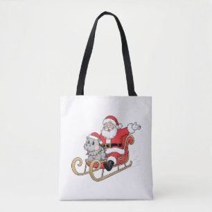 Tote Bag Père Noël Riding Sleigh avec Moo Deng Baby Hippo