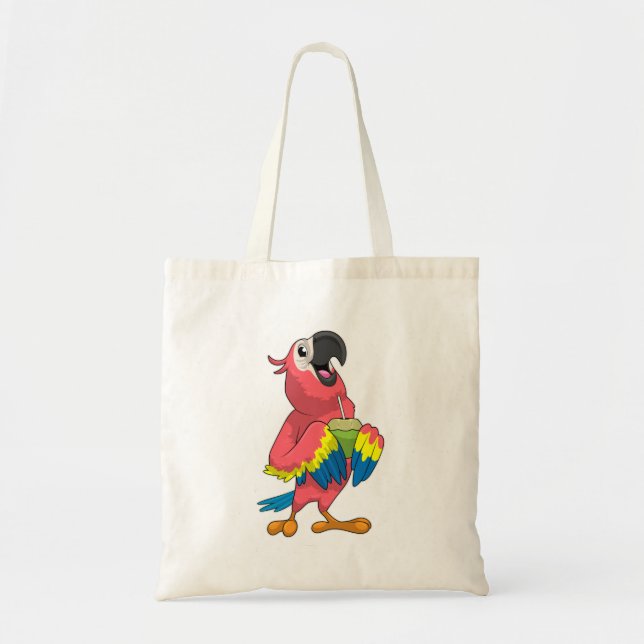Tote Bag Perroquet et noix de coco avec paille à boire (Devant)