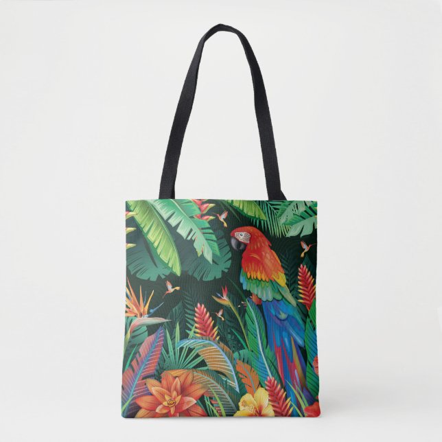 Tote Bag Perroquet tropical : Arrière - plan floral exotiqu (Devant)