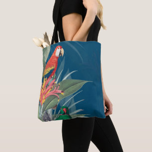 Tote Bag Perroquets tropicaux et bleu foncé floral