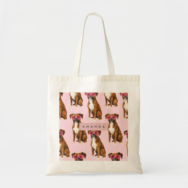 Tote Bag Personalized Boxer Dog with Pink Heart Glasses (Devant)