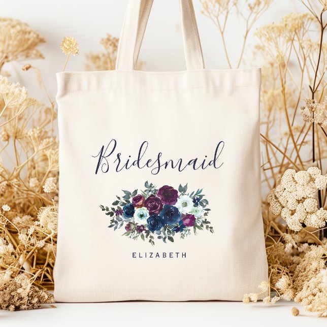 Tote Bag Personalized Bridesmaid Floral Navy Blue Purple (Créateur téléchargé)