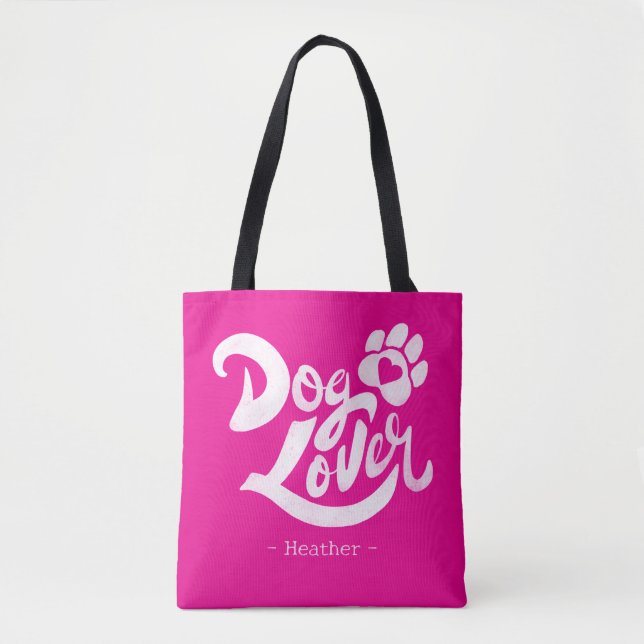 Tote Bag Personalized Dog Lover Hand-Lettered Hot Pink (Devant)