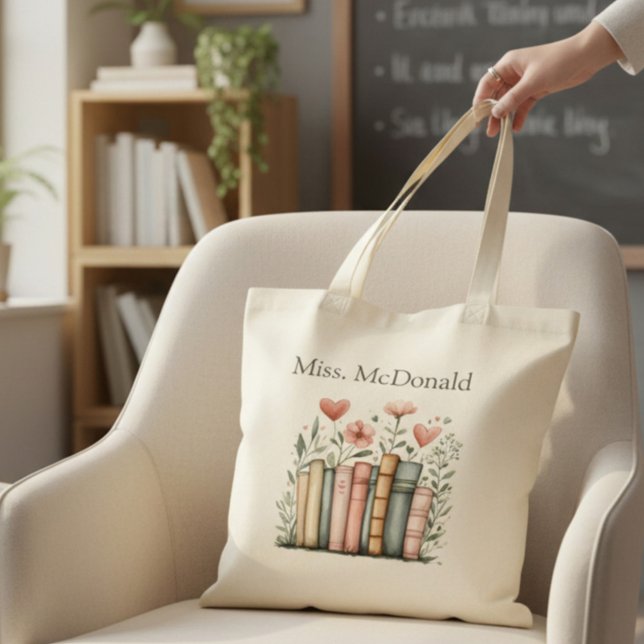 Tote Bag Personalized Floral Stacked Books Teacher (Créateur téléchargé)