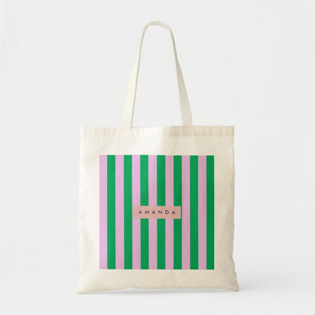 Tote Bag Personalized Fresh Green and Pink Striped Retro (Devant)