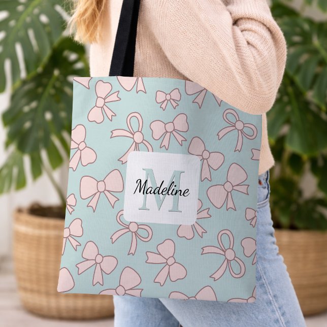 Tote Bag Personalized Girl Cute Bow Name Blue Pink (Créateur téléchargé)