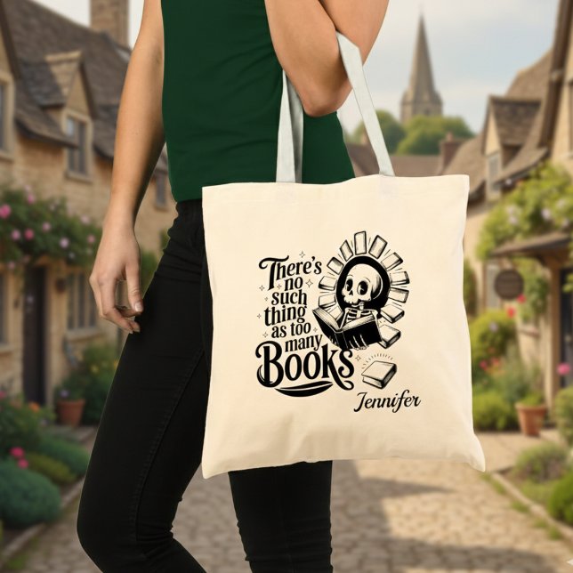 Tote Bag Personalized No Such Thing As Too Many Books (No such thing as too many books personalized tote bag in a village street.)