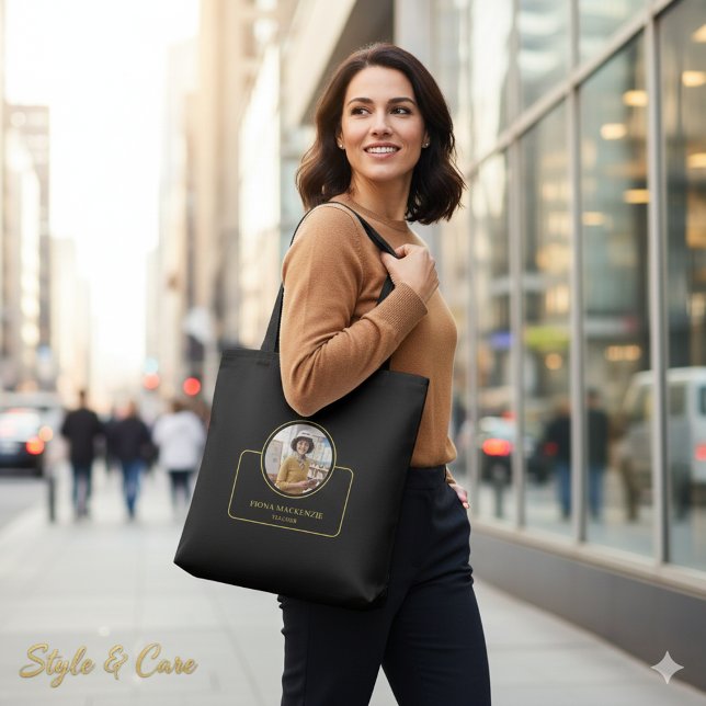 Tote Bag Personalized Photo and Name with Job Title Black (Personalized Photo and Name with Job Title Black Tote Bag)