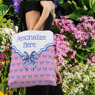 Tote Bag Personalized Pink Blue White Butterfly