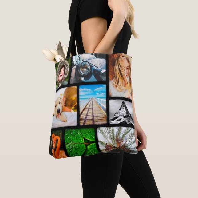 Tote Bag Personnalisé 18 Photo Collage Modèle noir (De près)