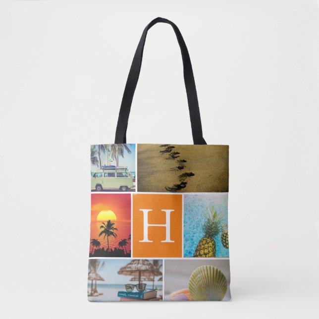 Tote Bag Personnalisé 6 Photo Collage Monogrammé Orange (Devant)