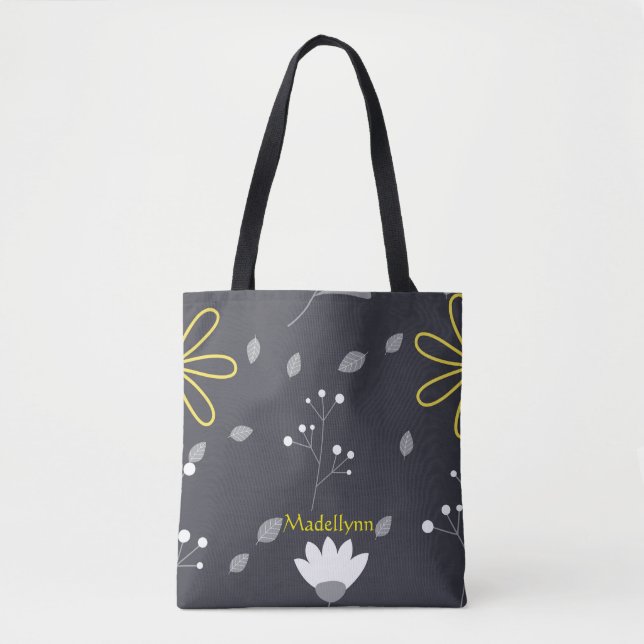 Tote Bag Personnalisé Floral moderne noir et jaune (Devant)