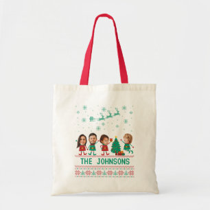 Tote Bag Personnalisé Funny Face Photo Noël Famille d'elfes