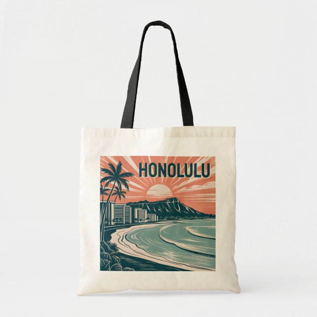 Tote Bag Personnalisé Honolulu Waikiki Diamond Head Retro T (Devant)