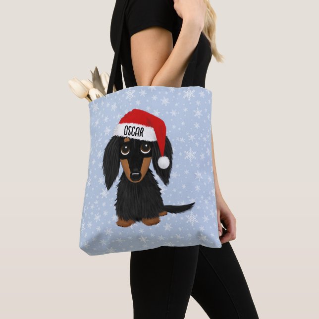 Tote Bag Personnalisé noir et tan Dachshund Père Noël (De près)