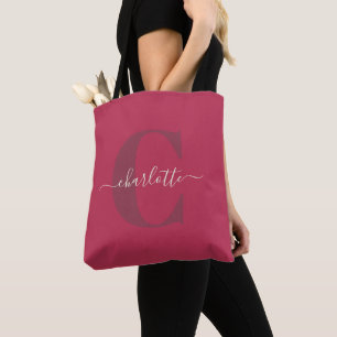 Tote Bag Personnalisé Style Monogramme Nom Magenta Rouge