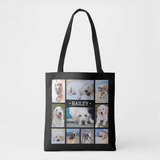 Tote Bag Pet Photo Collage Nom Black Modern Design Chien él (Devant)
