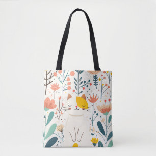 Tote Bag Petit chat heureux et illustration de fleurs