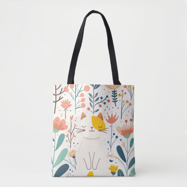 Tote Bag Petit chat heureux et illustration de fleurs (Devant)