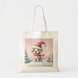Tote Bag Petit chiot de Noël en chapeau santa