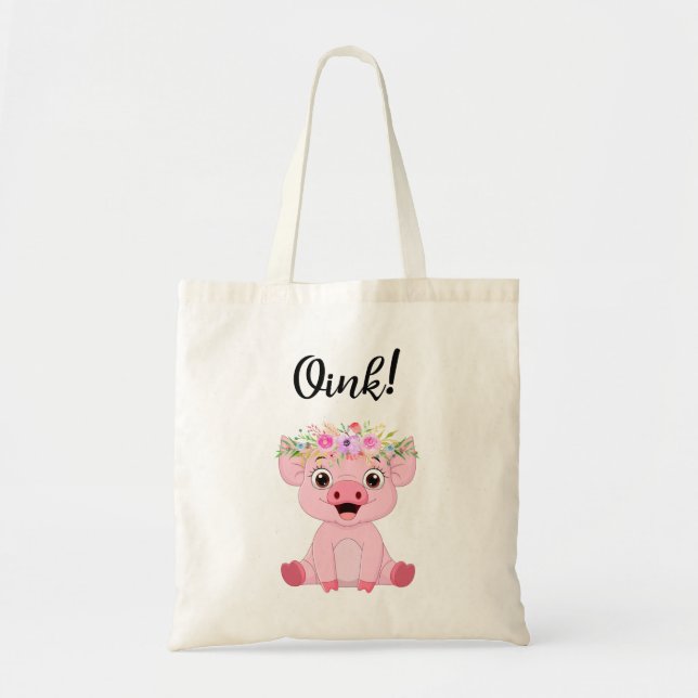 Tote Bag Petit cochon mignon à couronne florale (Devant)