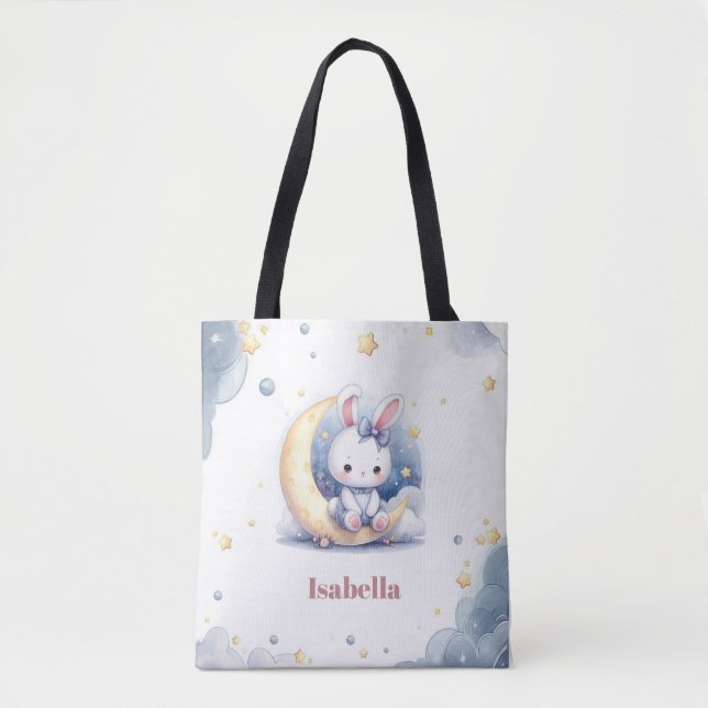 Tote Bag petit lapin blanc mignon assis sur la lune (Devant)