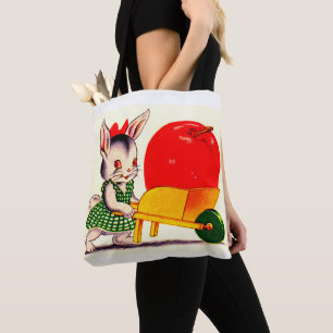 Tote Bag petit lapin poussant un chariot avec une grosse po
