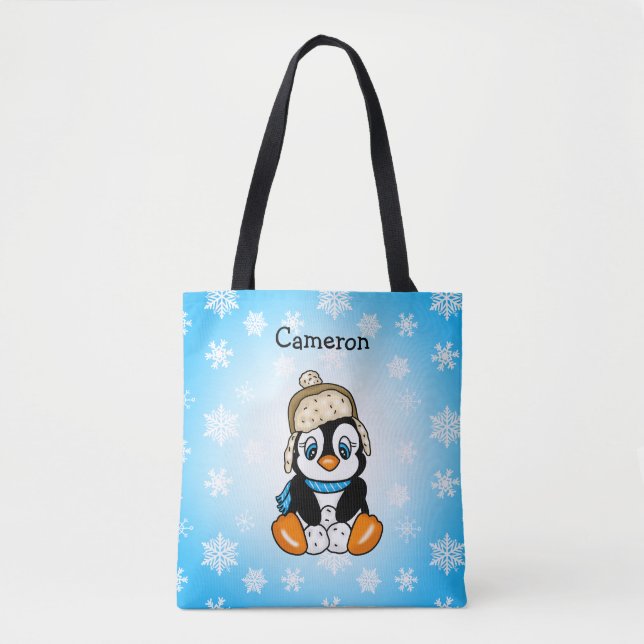 Tote Bag Petit pingouin mignon en Casquette d'hiver avec bo (Devant)