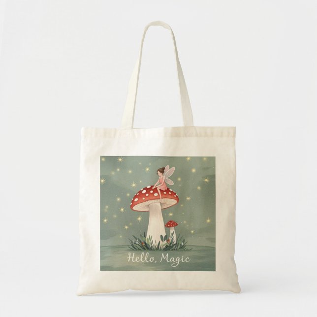 Tote Bag Petite fée perchée sur le champignon et brillante (Devant)
