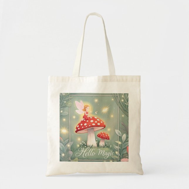 Tote Bag Petite fée perchée sur le champignon et brillante (Devant)
