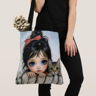 Tote Bag Petite Fille avec Grands Yeux et Chat de Compagnie