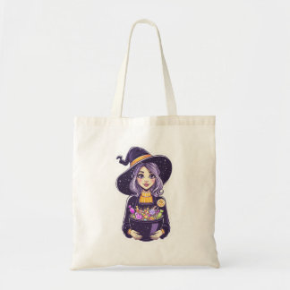 Tote Bag Petite sorcière douce avec bol à bonbons magique