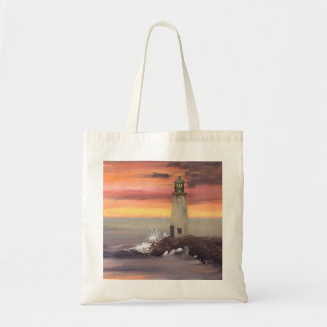 Tote Bag Phare Côtier Avec Ciel Rose Et Orange (Devant)