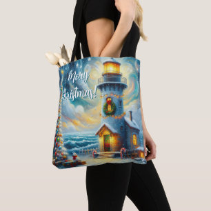 Tote Bag Phare de Noël Arbre Nautique Bleu Côtier