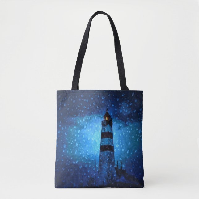 Tote Bag Phare océanique une nuit bleu foncé avec des goutt (Devant)