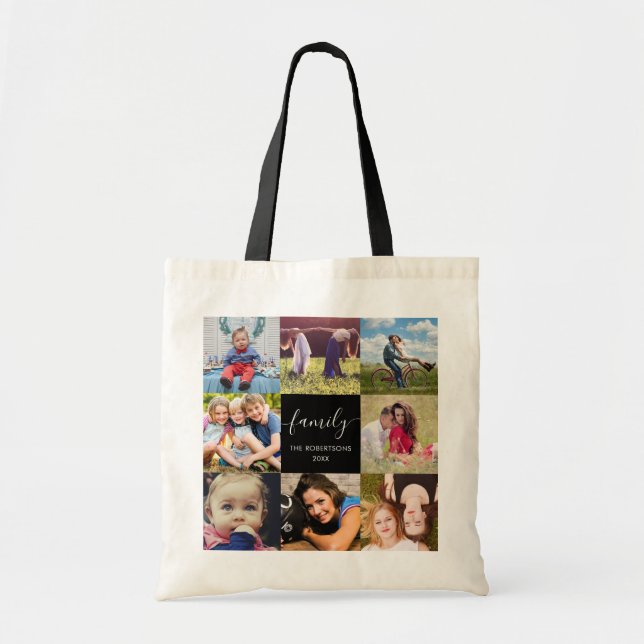 Tote Bag Photo Collage Famille Script noir (Devant)