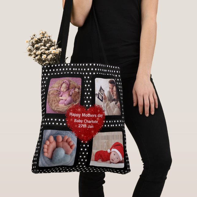 Tote Bag Photo collage maman mère noir pois coeur rouge (De près)