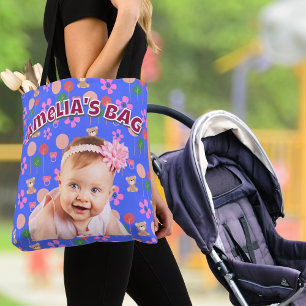 Tote Bag Photo de bébé bleu bleu avec Nounours
