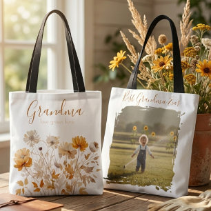 Tote Bag Photo de fleur sauvage "Grandma Love Grows Here"