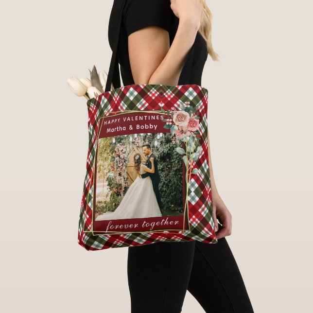 Tote Bag Photo moderne | Red & Green Plaid Happy Valentines (De près)