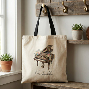 Tote Bag Piano à queue élégant personnalisé avec fleurs