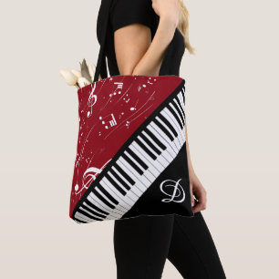 Tote Bag Piano Clarinet Music Script Monogramme Rouge noir