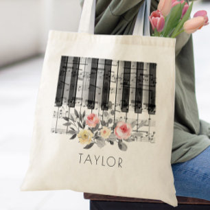 Tote Bag piano de musique roses sur feuillage gris