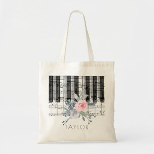 Tote Bag piano musique bleu poussiéreux et fleurs roses