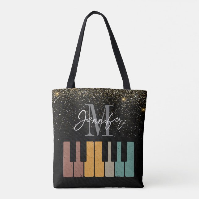Tote Bag Piano Parties scintillant Gold Monogramme Nom Pers (Dos)