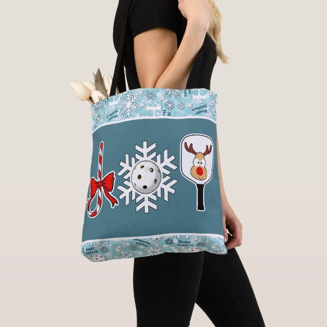 Tote Bag Pickleball Noël Joie Flocon de neige Bleu et blanc (De près)