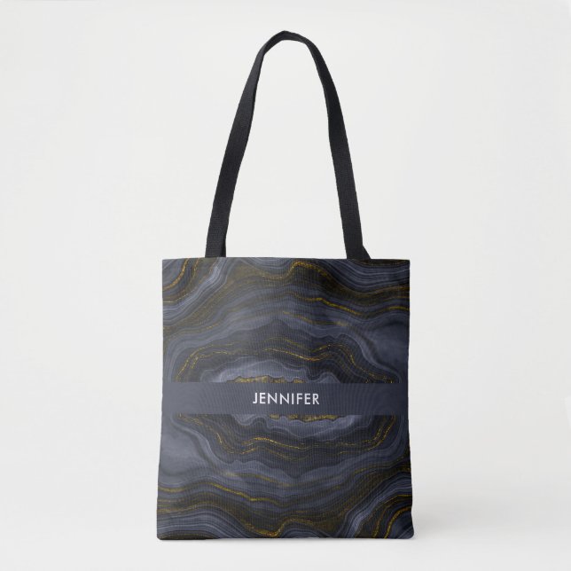 Tote Bag Pierre d'Agate Noir & Or moderne Abstrait (Devant)