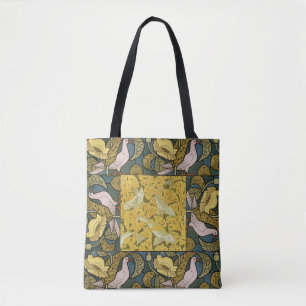 Tote Bag Pigeon Blue Yellow Fish Art Nouveau